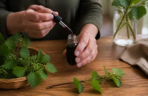 Quels bienfaits du bourgeon de cassis face à l’hypertension ? gouttes de bourgeon de cassis bienfaits préparées sur une table en bois naturel