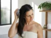 Brosse cuir chevelu : quel avis et quel prix de 5 € à 30 € ? Une femme utilise une brosse cuir chevelu avis prix pour masser doucement ses cheveux dans une salle de bains lumineuse.