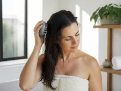 Brosse cuir chevelu : quel avis et quel prix de 5 € à 30 € ? Une femme utilise une brosse cuir chevelu avis prix pour masser doucement ses cheveux dans une salle de bains lumineuse.