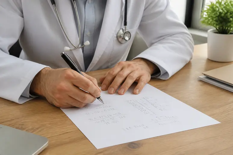 Un praticien note les grandeurs biométriques pour calculer la surface corporelle d'un patient.