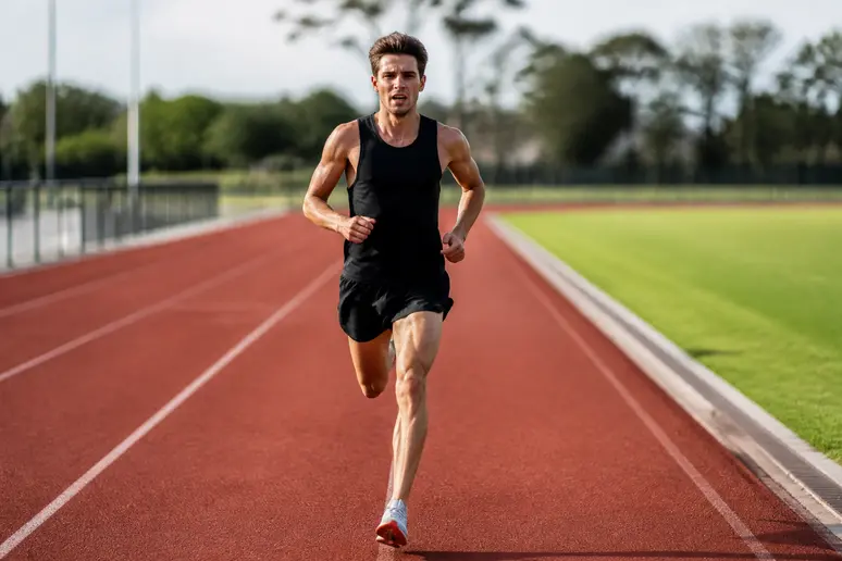 Coureur effectuant un test d'effort chronométré sur une piste d'athlétisme extérieure pour calculer vo2max