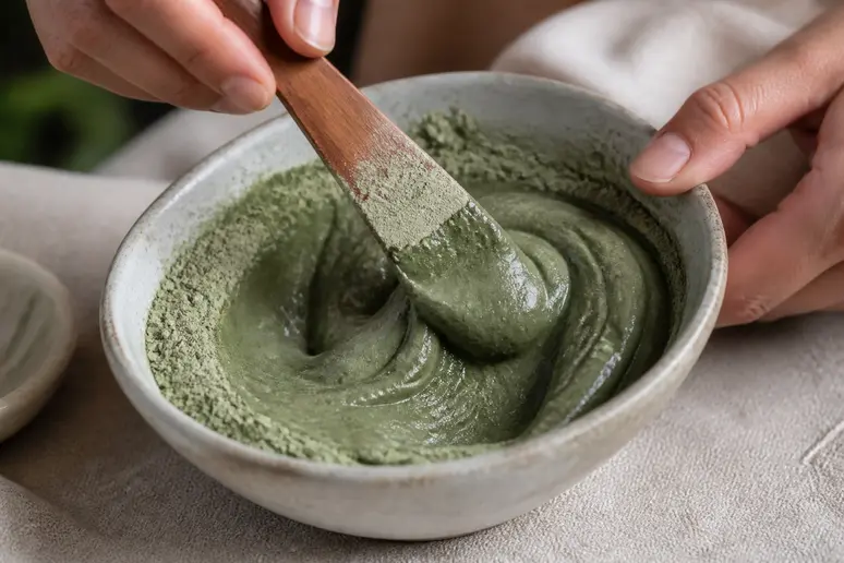 Mains préparant une pâte d'argile verte bien homogène dans un bol en céramique avec une spatule en bois.