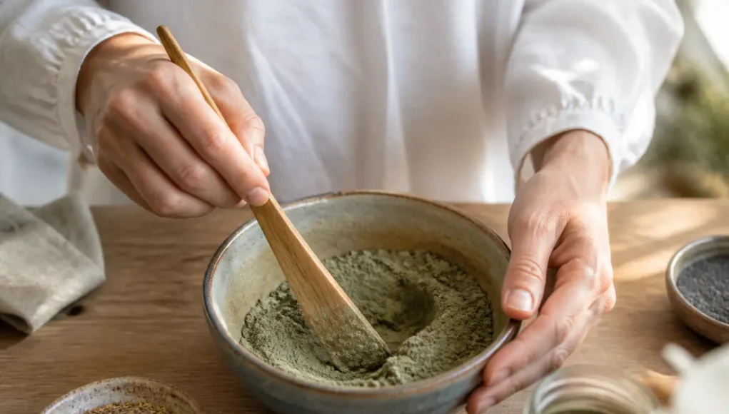 Cataplasme d'argile verte : le piège de le laisser sécher Préparation d'un cataplasme argile verte dans un bol en céramique avec une spatule en bois