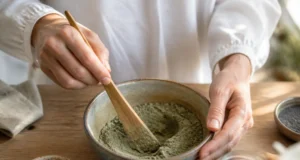 Cataplasme d’argile verte : le piège de le laisser sécher Préparation d'un cataplasme argile verte dans un bol en céramique avec une spatule en bois