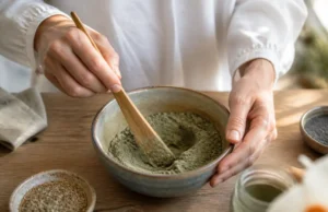 Cataplasme d’argile verte : le piège de le laisser sécher Préparation d'un cataplasme argile verte dans un bol en céramique avec une spatule en bois