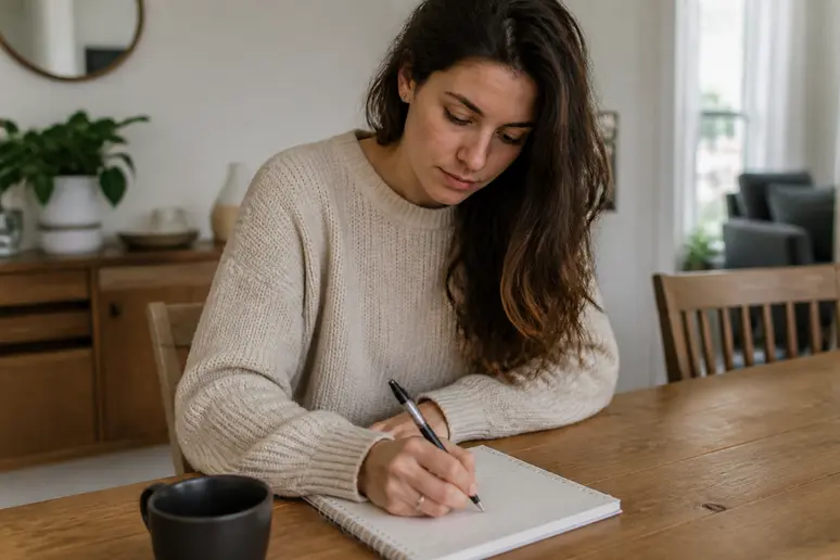 Une femme assise à table note ses priorités quotidiennes sur un carnet pour alléger sa charge mentale