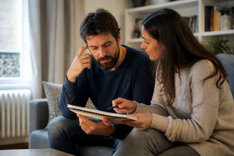 Un couple discute calmement dans le salon pour organiser le partage des tâches du foyer