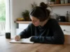 Alléger la charge mentale des femmes grâce à 4 astuces Femme écrivant dans un carnet en papier sur une table pour alléger sa charge mentale femme astuces