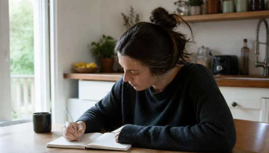Femme écrivant dans un carnet en papier sur une table pour alléger sa charge mentale femme astuces