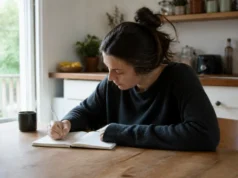 Alléger la charge mentale des femmes grâce à 4 astuces Femme écrivant dans un carnet en papier sur une table pour alléger sa charge mentale femme astuces