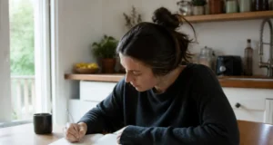 Alléger la charge mentale des femmes grâce à 4 astuces Femme écrivant dans un carnet en papier sur une table pour alléger sa charge mentale femme astuces