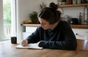 Alléger la charge mentale des femmes grâce à 4 astuces Femme écrivant dans un carnet en papier sur une table pour alléger sa charge mentale femme astuces
