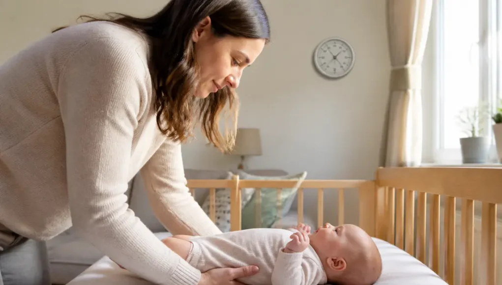 Un parent installe un nourrisson sur le dos dans son lit près d'un cocon ergonomique bébé.