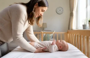 Cocon ergonomique pour bébé et règle du couchage à plat Un parent installe un nourrisson sur le dos dans son lit près d'un cocon ergonomique bébé.