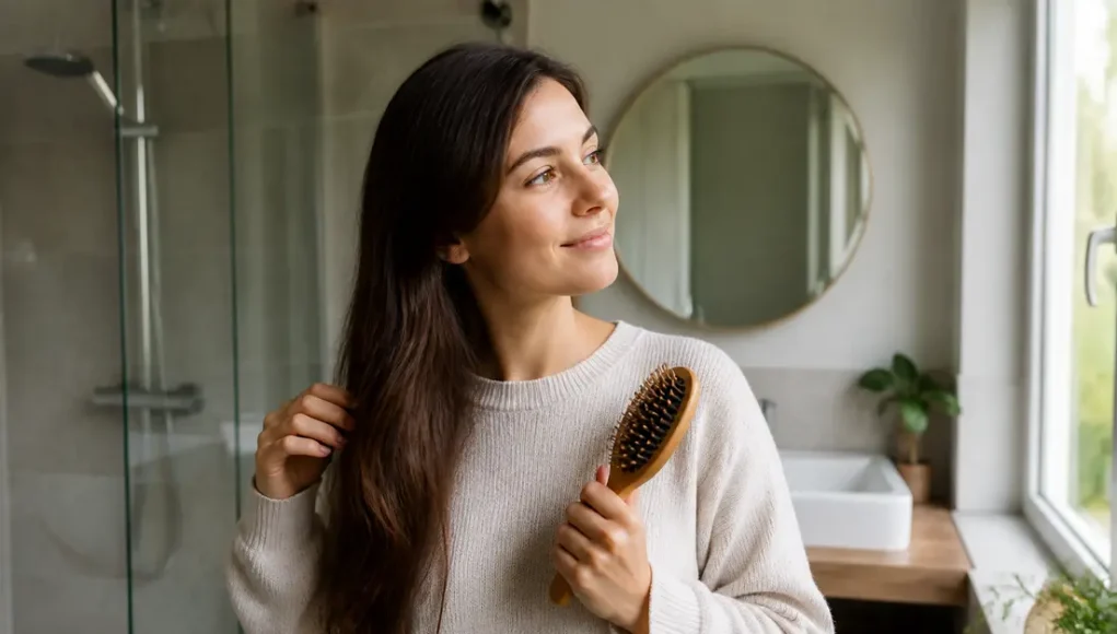 Cure de sébum : avis et conseils face aux démangeaisons Jeune femme brossant doucement ses cheveux longs dans une salle de bain lumineuse pour une cure de sébum avis conseils naturelle