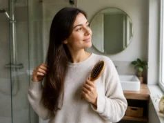 Cure de sébum : avis et conseils face aux démangeaisons Jeune femme brossant doucement ses cheveux longs dans une salle de bain lumineuse pour une cure de sébum avis conseils naturelle