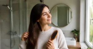 Cure de sébum : avis et conseils face aux démangeaisons Jeune femme brossant doucement ses cheveux longs dans une salle de bain lumineuse pour une cure de sébum avis conseils naturelle