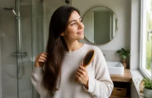 Cure de sébum : avis et conseils face aux démangeaisons Jeune femme brossant doucement ses cheveux longs dans une salle de bain lumineuse pour une cure de sébum avis conseils naturelle