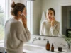 Double nettoyage visage : risque pour la barrière cutanée ? Femme en pull doux tenant un coton pour son double nettoyage visage devant un miroir