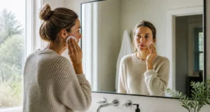 Double nettoyage visage : risque pour la barrière cutanée ? Femme en pull doux tenant un coton pour son double nettoyage visage devant un miroir