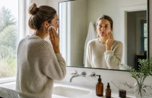Double nettoyage visage : risque pour la barrière cutanée ? Femme en pull doux tenant un coton pour son double nettoyage visage devant un miroir