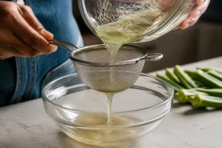 Filtrage du gel de gombo maison à travers un tamis fin pour retenir les résidus