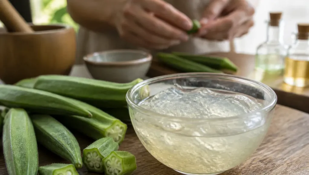 preparation de gel de gombo bienfaits peau cheveux fait maison sur un comptoir en bois