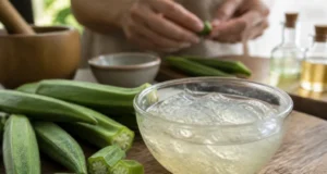 Gombo : bienfaits du mucilage pour la peau et les cheveux preparation de gel de gombo bienfaits peau cheveux fait maison sur un comptoir en bois