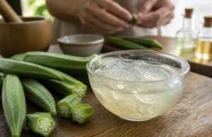 Gombo : bienfaits du mucilage pour la peau et les cheveux preparation de gel de gombo bienfaits peau cheveux fait maison sur un comptoir en bois