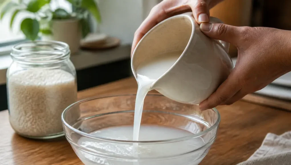 Un flacon contenant de l'eau de riz cheveux posé sur une table en bois dans une cuisine lumineuse.