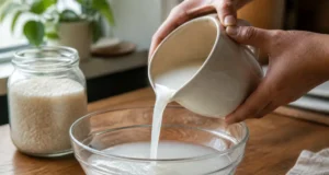 Eau de riz pour les cheveux : pousse, brillance et recette Un flacon contenant de l'eau de riz cheveux posé sur une table en bois dans une cuisine lumineuse.