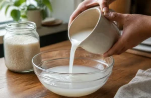 Eau de riz pour les cheveux : pousse, brillance et recette Un flacon contenant de l'eau de riz cheveux posé sur une table en bois dans une cuisine lumineuse.