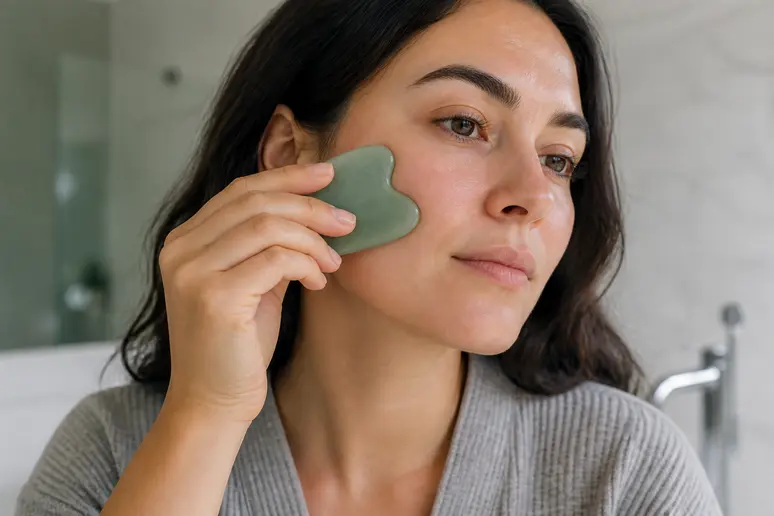 Utilisation d'un gua sha sur le visage avec une pression douce pour préserver les peaux sensibles.