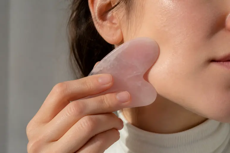 Geste simple pour manipuler un gua sha sur le visage sans risque de rougeurs.