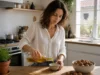 Huile de cameline : bienfaits peau et cheveux sans comédons Femme versant de l'huile cameline bienfaits peau cheveux dans un bol en bois dans une cuisine lumineuse