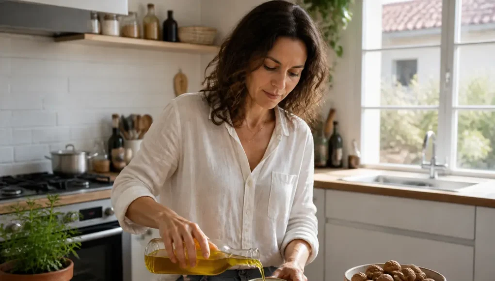 Femme versant de l'huile cameline bienfaits peau cheveux dans un bol en bois dans une cuisine lumineuse