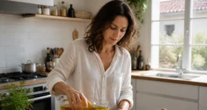 Huile de cameline : bienfaits peau et cheveux sans comédons Femme versant de l'huile cameline bienfaits peau cheveux dans un bol en bois dans une cuisine lumineuse