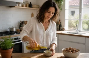 Huile de cameline : bienfaits peau et cheveux sans comédons Femme versant de l'huile cameline bienfaits peau cheveux dans un bol en bois dans une cuisine lumineuse