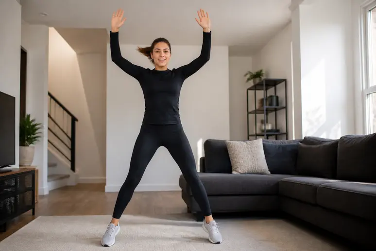 Femme réalisant des jumping jacks pour brûler des calories dans un salon lumineux