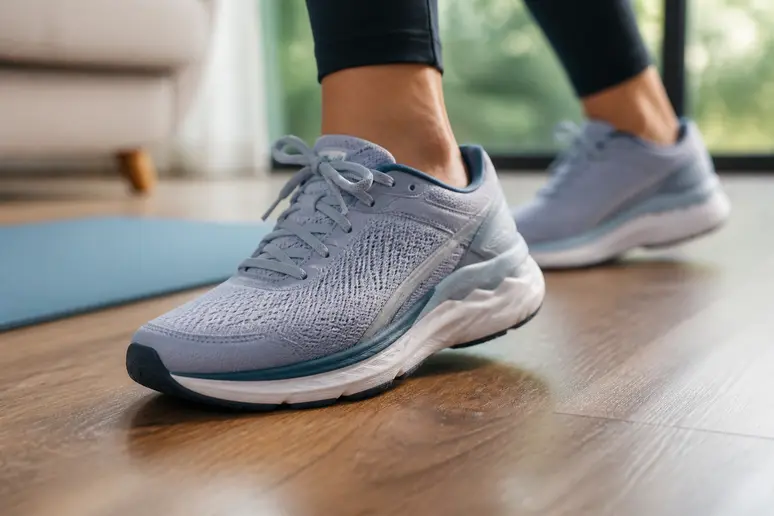 Pieds chaussés de baskets de sport sur un sol en bois pour amortir les sauts