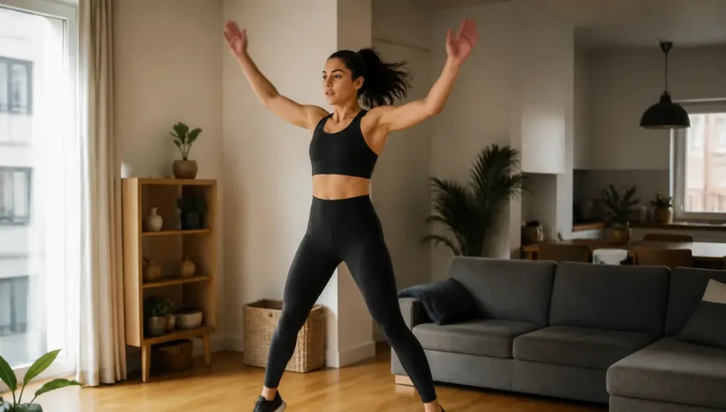 Femme pratiquant le jumping jack brûler calories dans son salon lumineux