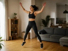 Jumping jack et calories : la dépense réelle pour 100 sauts Femme pratiquant le jumping jack brûler calories dans son salon lumineux