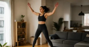 Jumping jack et calories : la dépense réelle pour 100 sauts Femme pratiquant le jumping jack brûler calories dans son salon lumineux