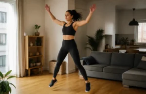 Jumping jack et calories : la dépense réelle pour 100 sauts Femme pratiquant le jumping jack brûler calories dans son salon lumineux