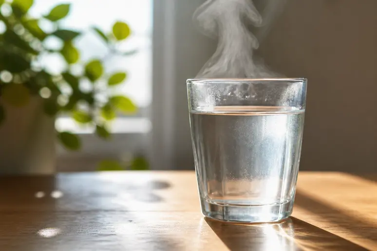 Grand verre d'eau tiède posé sur une table en bois pour l'hydratation matinale