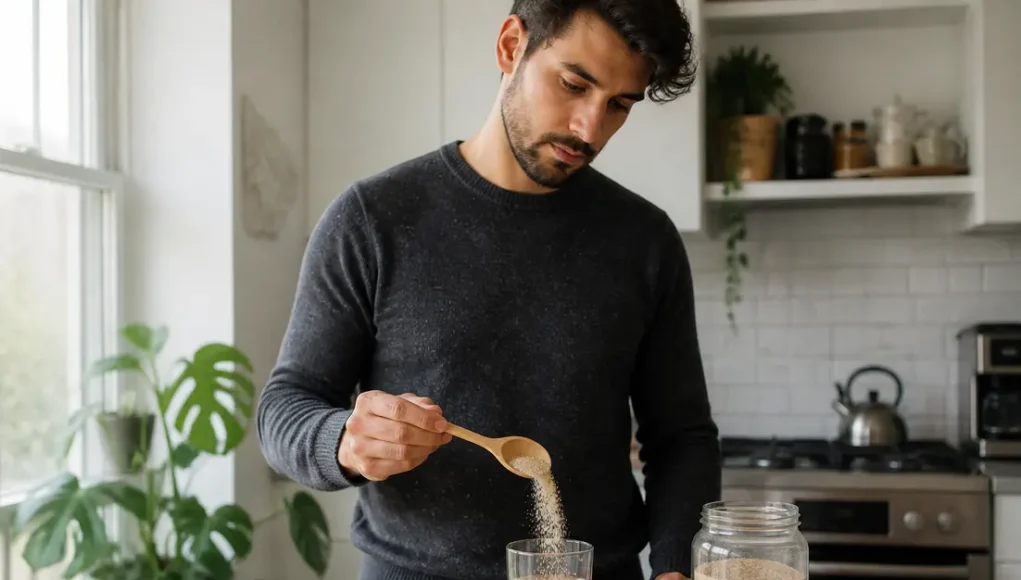 Laxatifs naturels rapides : l'action du séné face au psyllium Préparation d'un remède avec un laxatif naturel rapide comme le psyllium blond dans une cuisine lumineuse.