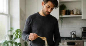 Laxatifs naturels rapides : l’action du séné face au psyllium Préparation d'un remède avec un laxatif naturel rapide comme le psyllium blond dans une cuisine lumineuse.