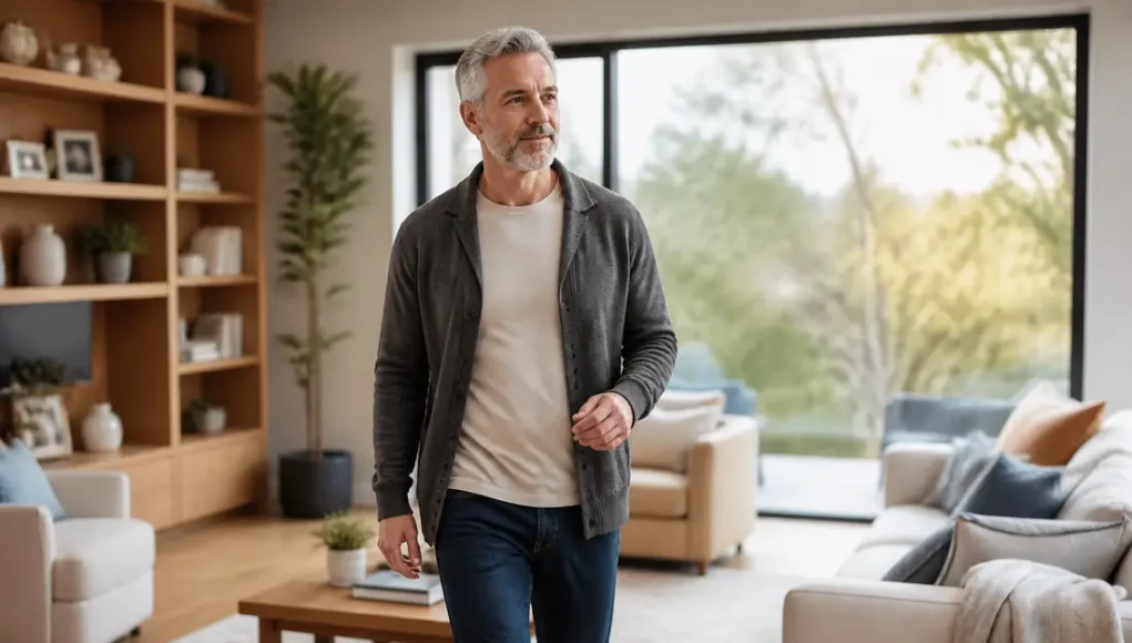 LifeVest : le rôle de ce gilet cardiaque avant un DAI Patient debout dans son salon avec une tenue confortable pour illustrer Lifevest à quoi sert au quotidien.