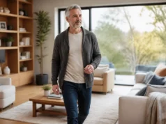 LifeVest : le rôle de ce gilet cardiaque avant un DAI Patient debout dans son salon avec une tenue confortable pour illustrer Lifevest à quoi sert au quotidien.