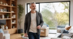 LifeVest : le rôle de ce gilet cardiaque avant un DAI Patient debout dans son salon avec une tenue confortable pour illustrer Lifevest à quoi sert au quotidien.